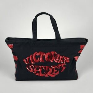 Victoria's Secret Tote Bag Womens Black Red Sequin Logo Zip Top Canvas Weekender